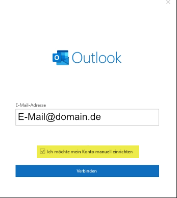 Outlook Startfenster: Manuelle Einrichtung des Kontos